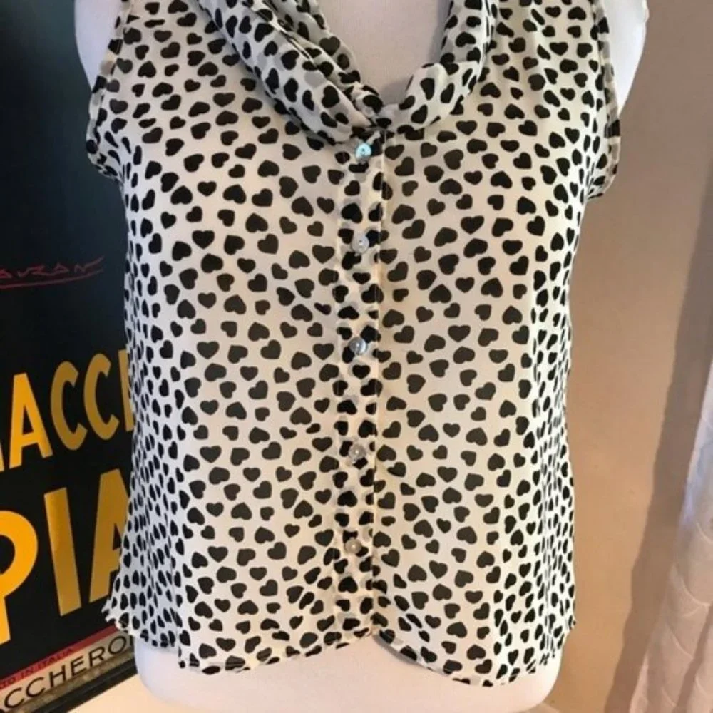 MARISOL: Cream/ Black Heart Button Up Tie Blouse